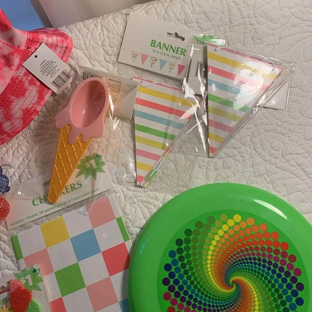 Summertime Party~Shower 27 Piece NEW Banners Hat Games ice cubes Frisbee & more